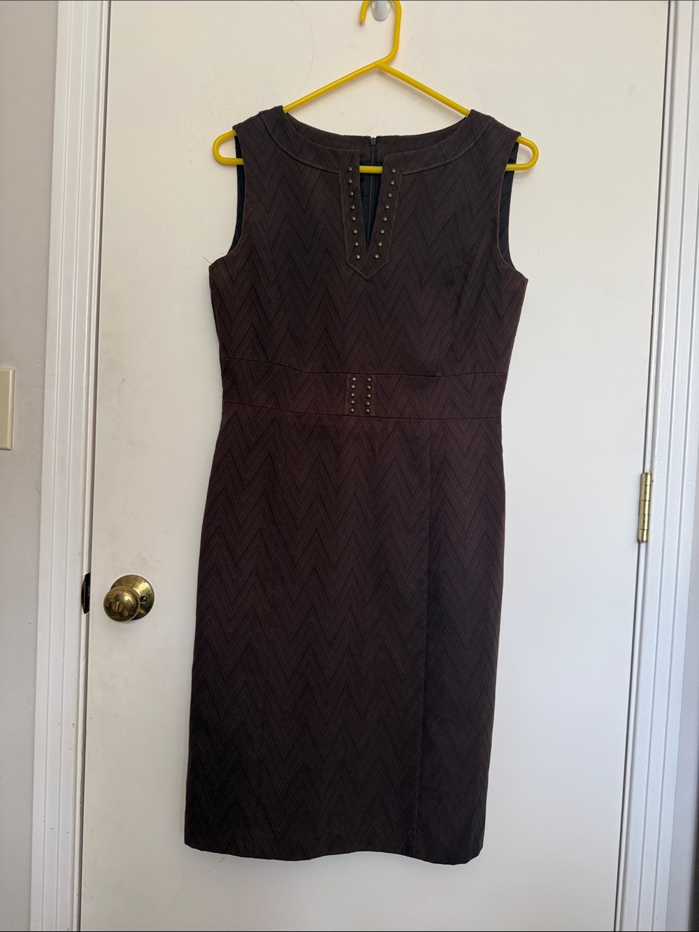 Sleeveless Brown Sheath Dress with Stud Detail